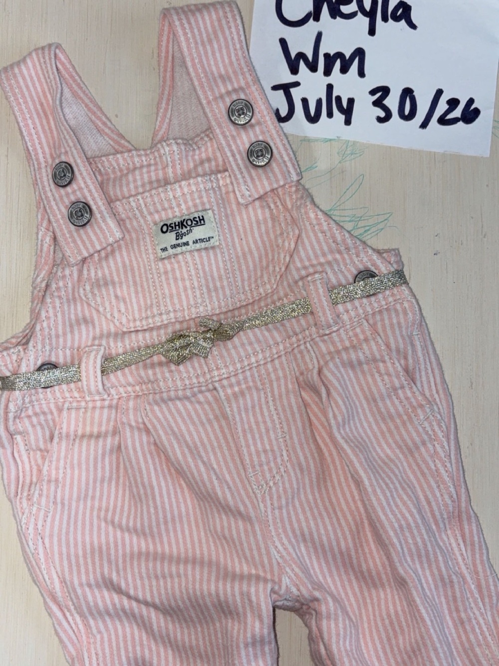 OshKosh B'gosh Pink and White Striped Girls Overalls with Gold Belt